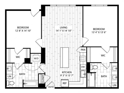 Floor plan for 2 beds, 2 baths, 1124 sqft